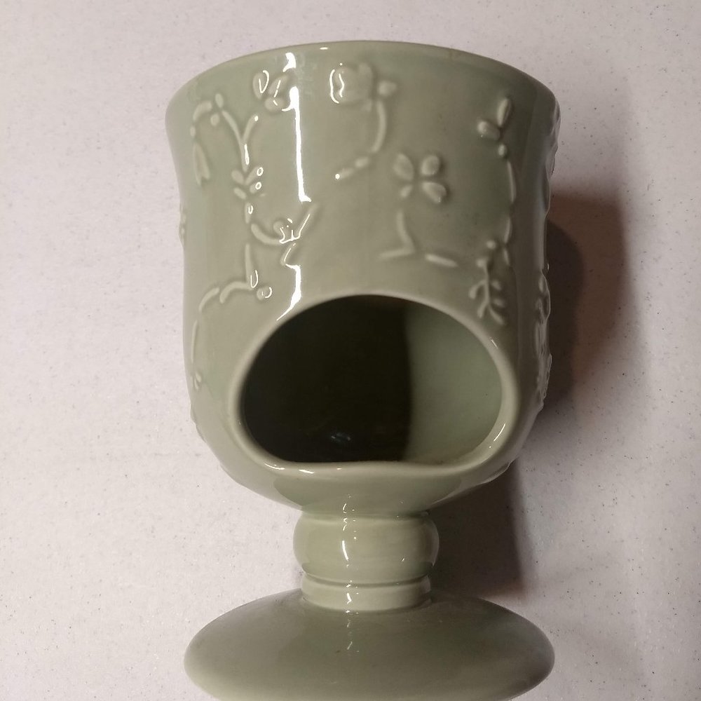 HMK LIC Hallmark Votive Ceramic Candle Holder Sage Green Embossed Floral 6"H